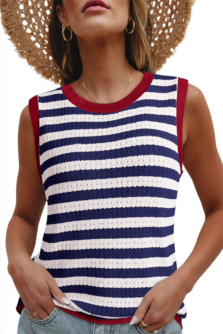 Navy Stripe Pointelle Knit Contrast Trim Sleeveless Sweater Top