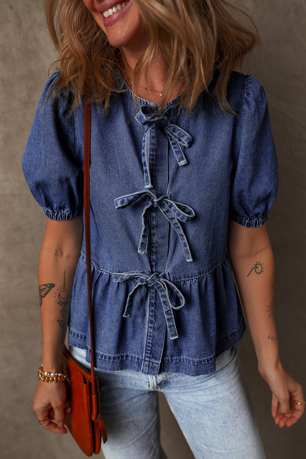 Tied Front Bubble Sleeve Peplum Denim Shirt