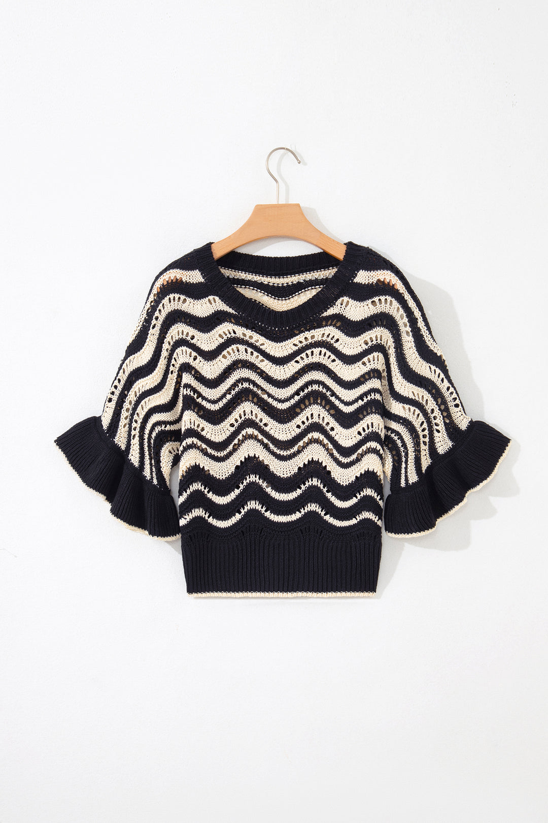 Black Stripe Wavy Crochet Eyelet Detail Ruffle Half Sleeve Sweater