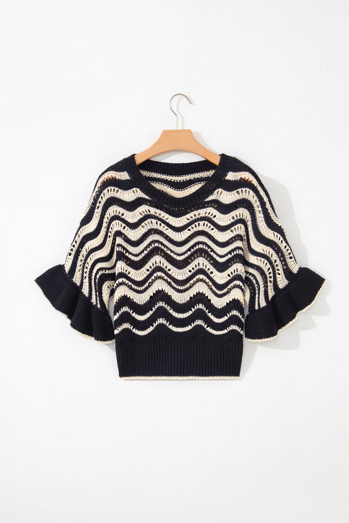 Black Stripe Wavy Crochet Eyelet Detail Ruffle Half Sleeve Sweater
