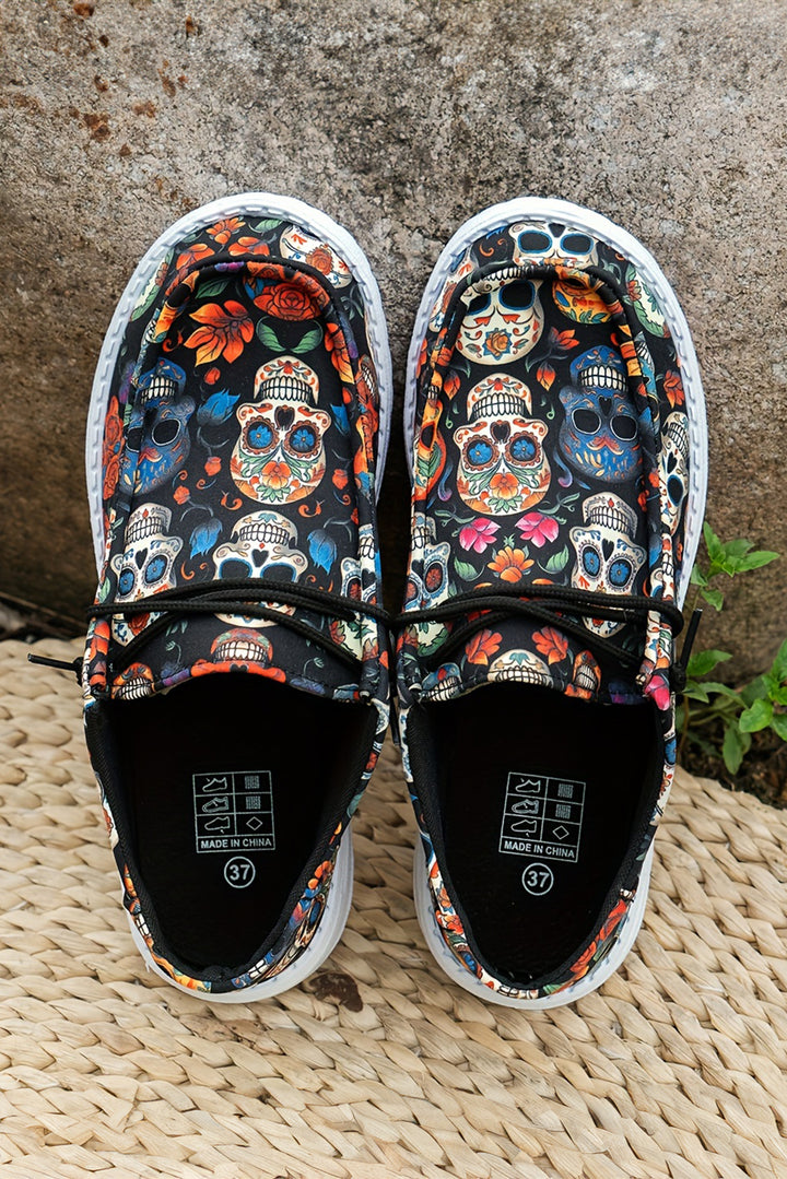 Sugar Skull Print Lace-up Detail Halloween Flat Shoes