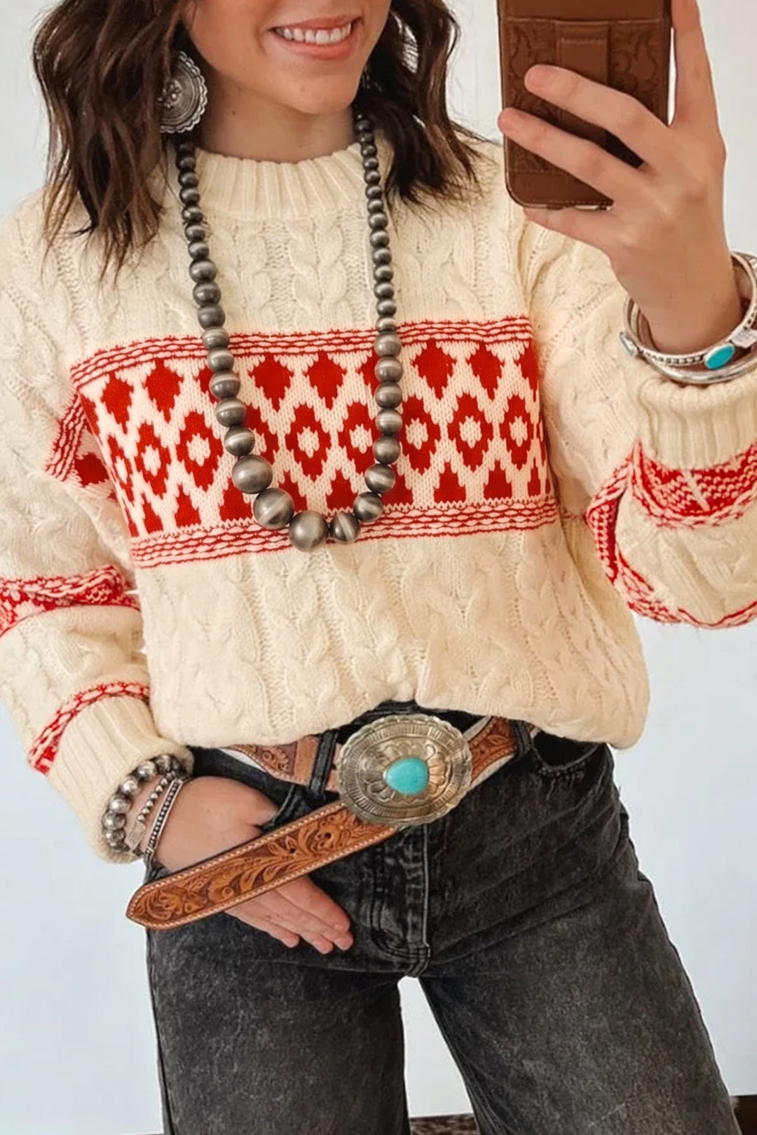 Red Western Print Round Neck Long Sleeve Shift Sweater