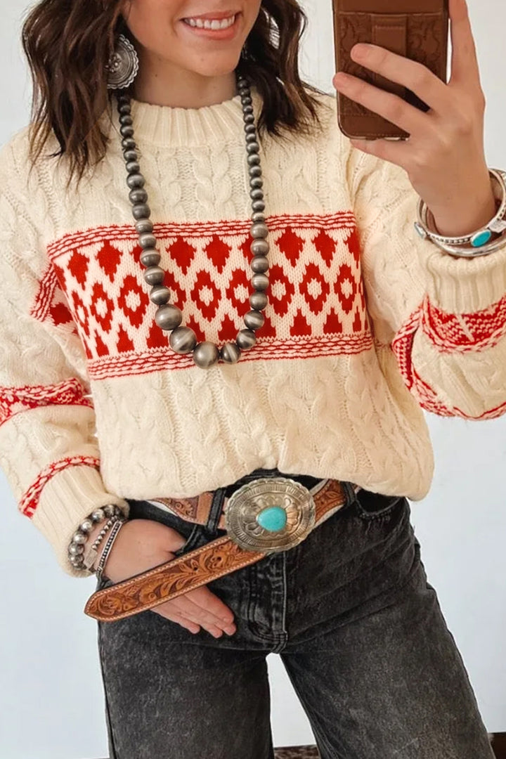 Red Western Print Round Neck Long Sleeve Shift Sweater