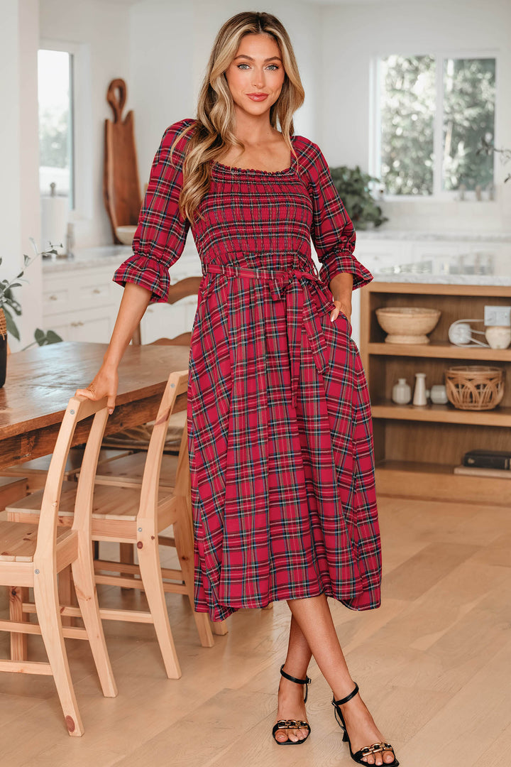 Tartan Plaid Square Neck Puff Sleeve Knot Waist Flared Midi Dress