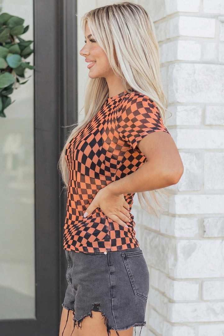 Checkered Print Crew Neck Mesh T Shirt