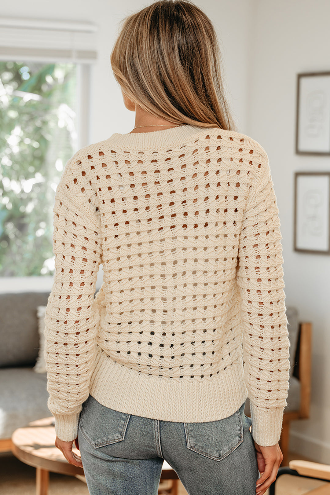 Hollowed Pattern Knit Zip Up Drop Shoulder Sweater Cardigan