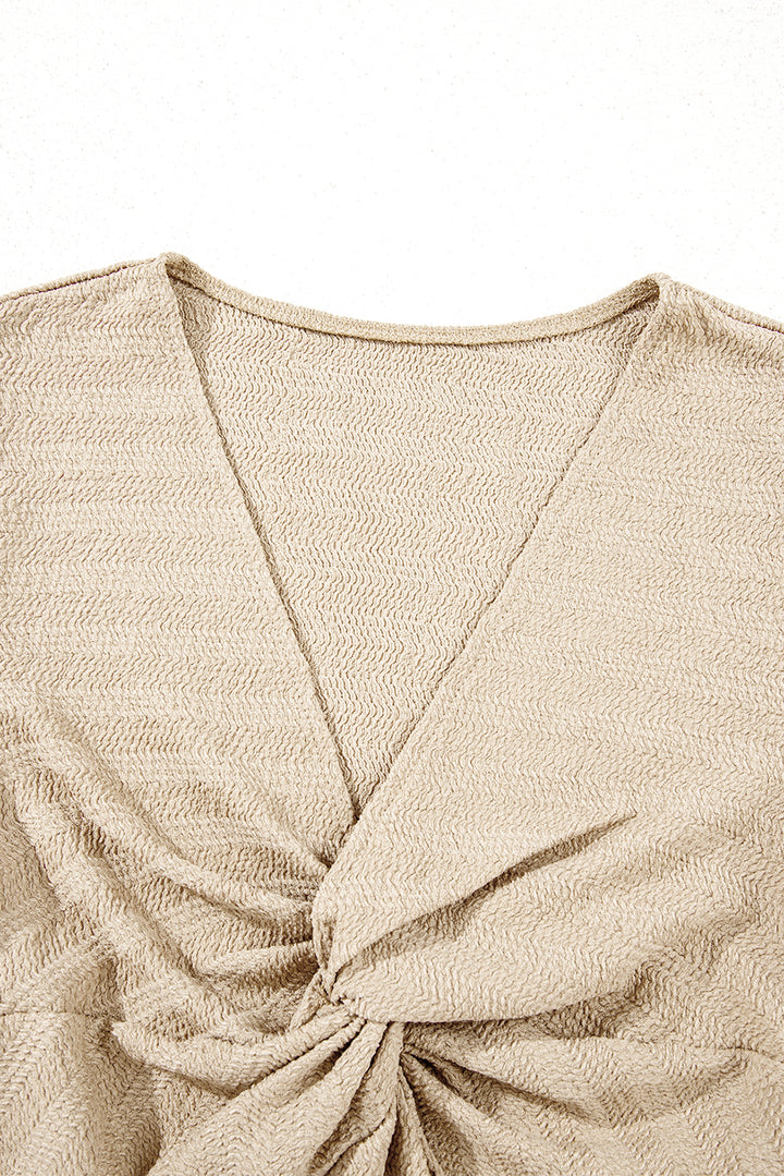 Pale Khaki V Neck Long Sleeve Slim Solid Color Top