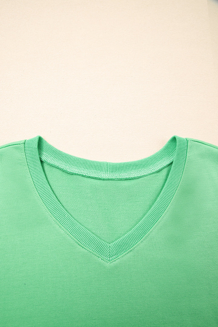 Mint Green V Neck Drop Shoulder Tee and Patchwork Drawstring Elastic Waistband Shorts Set