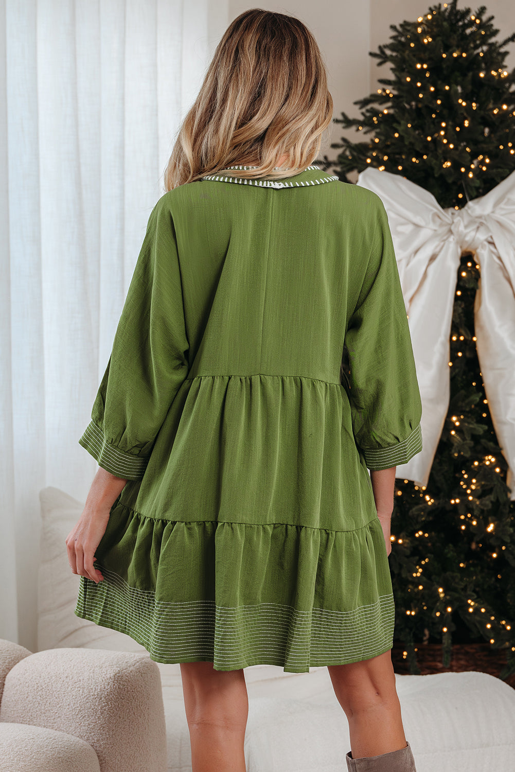Contrast Stitched V Neck 3/4 Sleeve Tiered Mini Dress