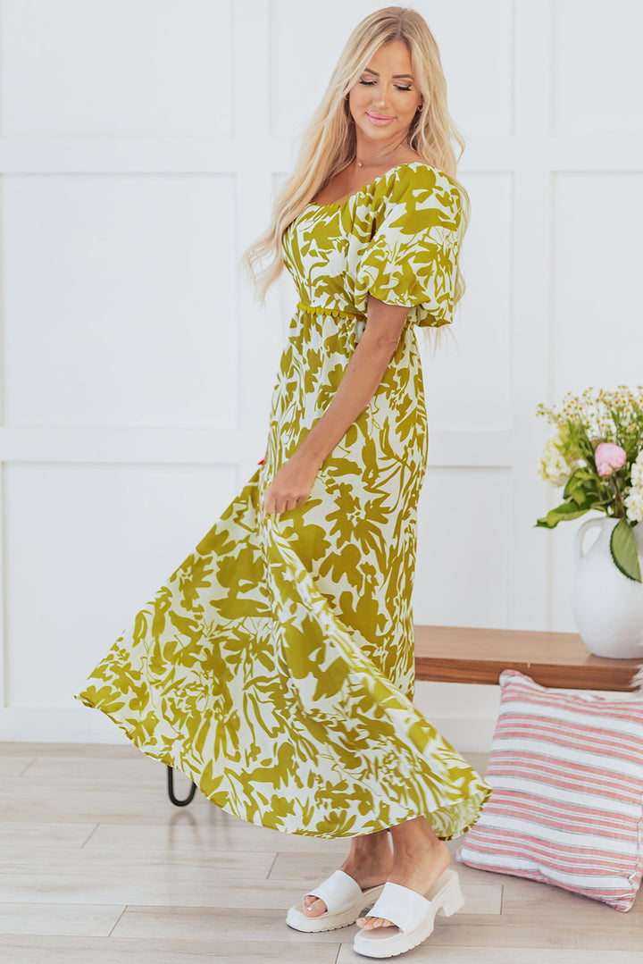 Scalloped Trim Square Neck High Waist Floral Maxi Dress
