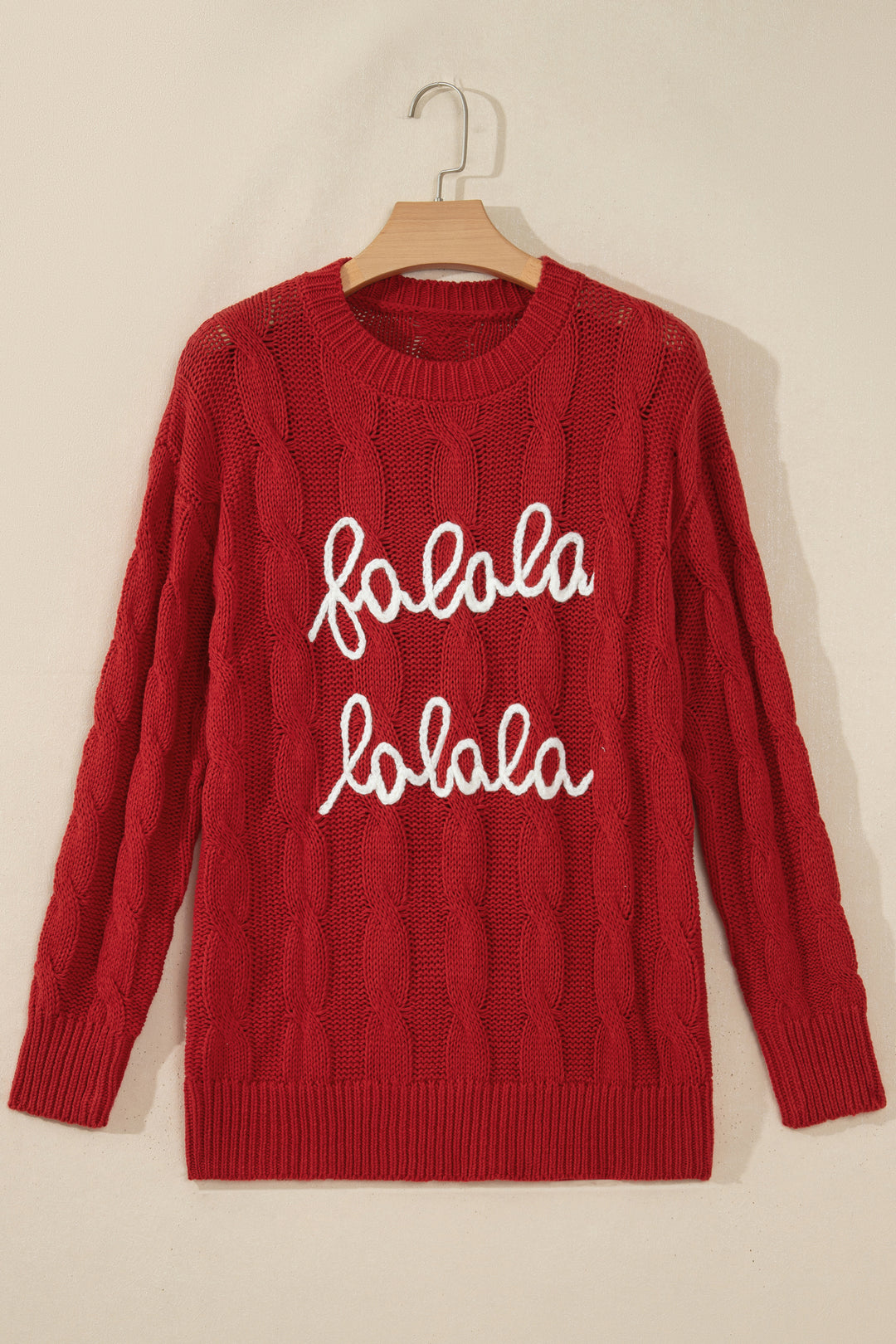 Fiery Red Falala Cable Knit Christmas Dropped Shoulder Pullover Sweater