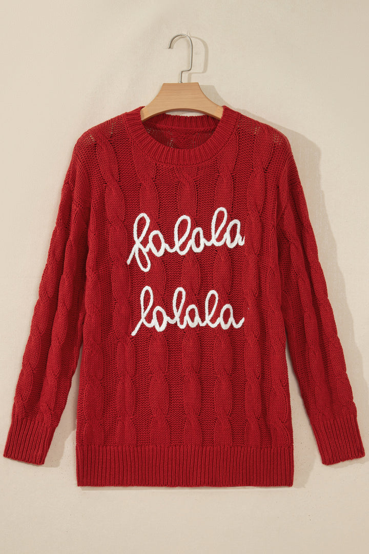 Fiery Red Falala Cable Knit Christmas Dropped Shoulder Pullover Sweater
