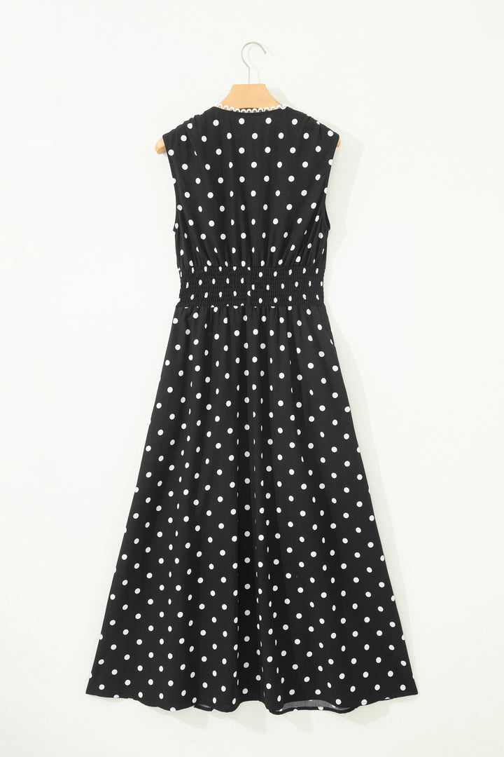 Black Polka Dot Print Contrast Trim Zip Up Sleeveless Dress