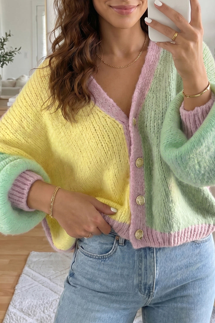 Yellow V Neck Regular Wash Knitwear Cardigan