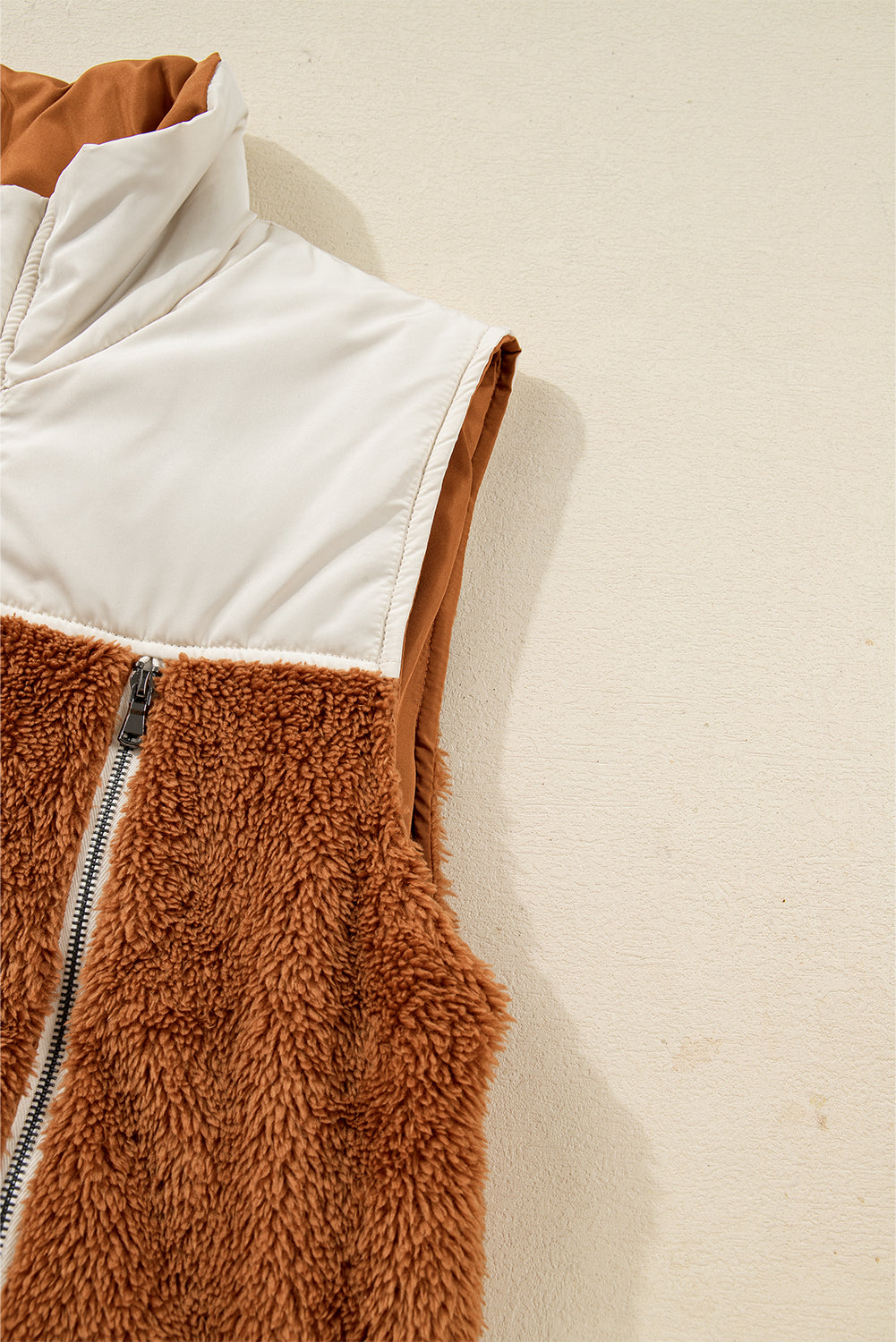 Chestnut Color Block Plush Patchwork Zipper Stand Neck Vest