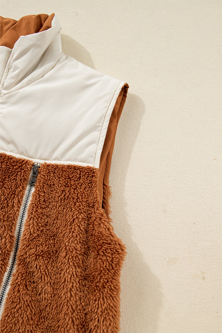 Chestnut Color Block Plush Patchwork Zipper Stand Neck Vest