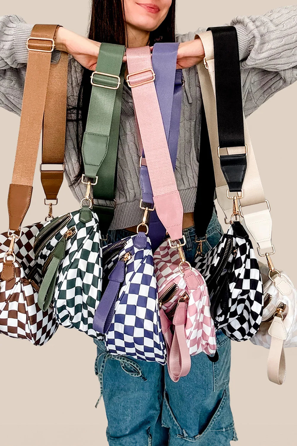Checkered/Animal Spots Print Wide Strap Large Crossbody Bag