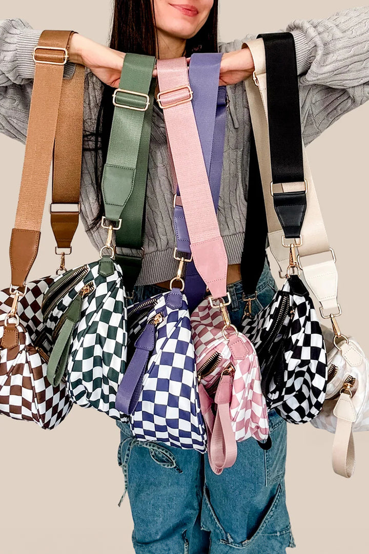Checkered/Animal Spots Print Wide Strap Large Crossbody Bag