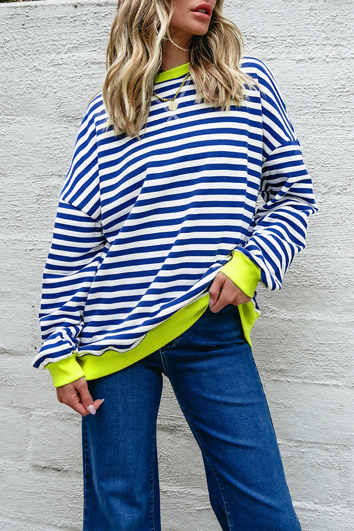 Striped Contrast Ribbed Trim Crossed Stitch Drop Shoulder Sweatshirt