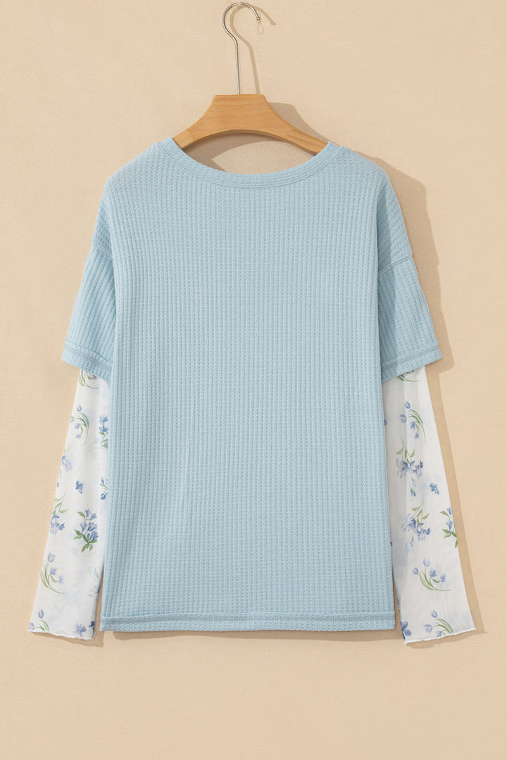 Beau Blue Floral Lace Sleeve Patchwork Waffle Fake Two-piece Top