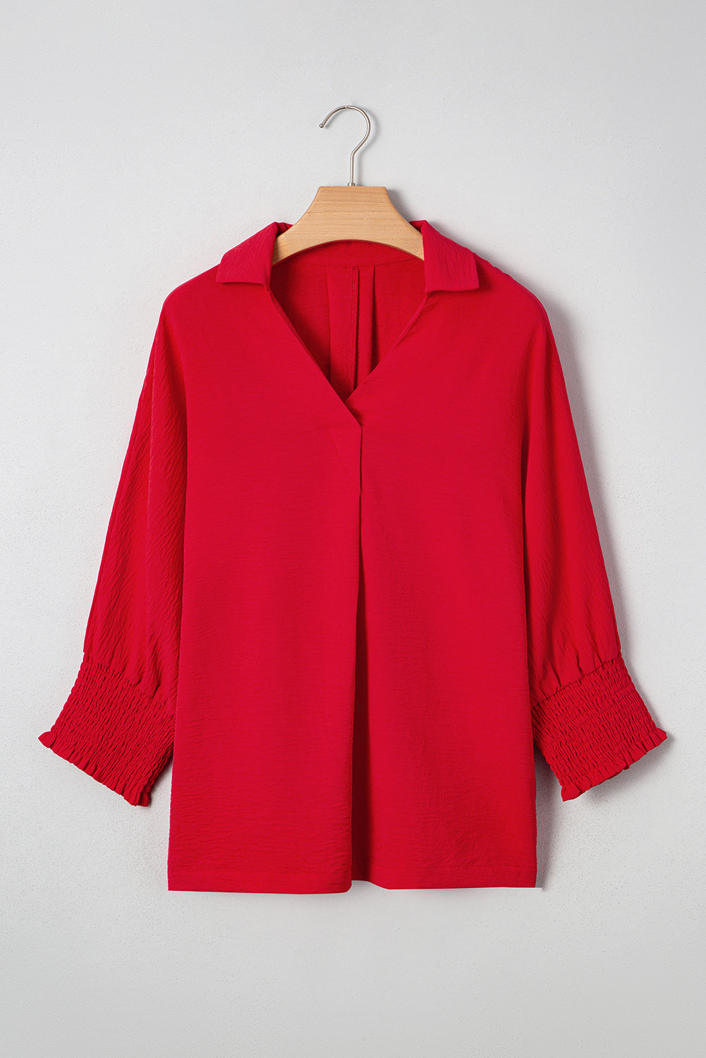 V Neck Collared Shirred 3/4 Sleeve Oversized Tunic Top