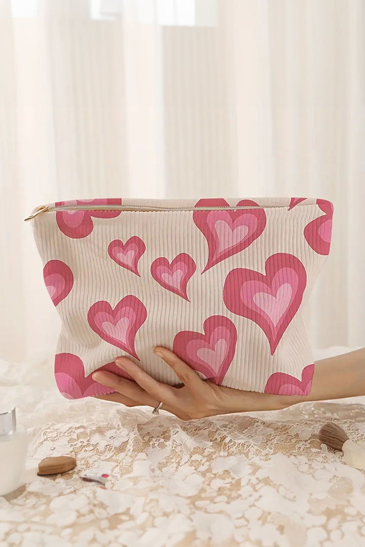 Hearts Print Zipper Corduroy Large Cosmetic Bag