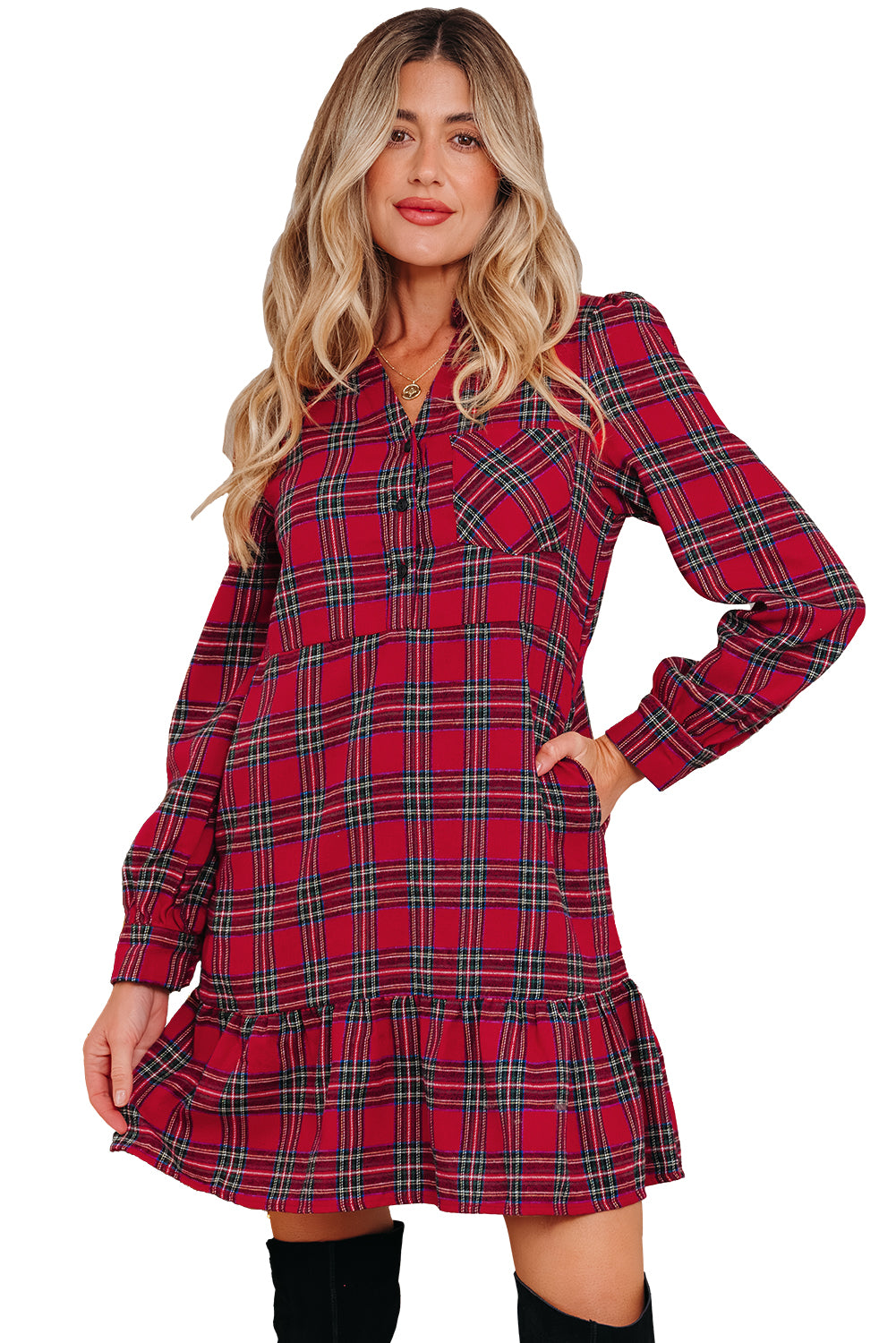 Plaid Shirt Collar Half Button Ruffle Hem Long Sleeve Mini Dress