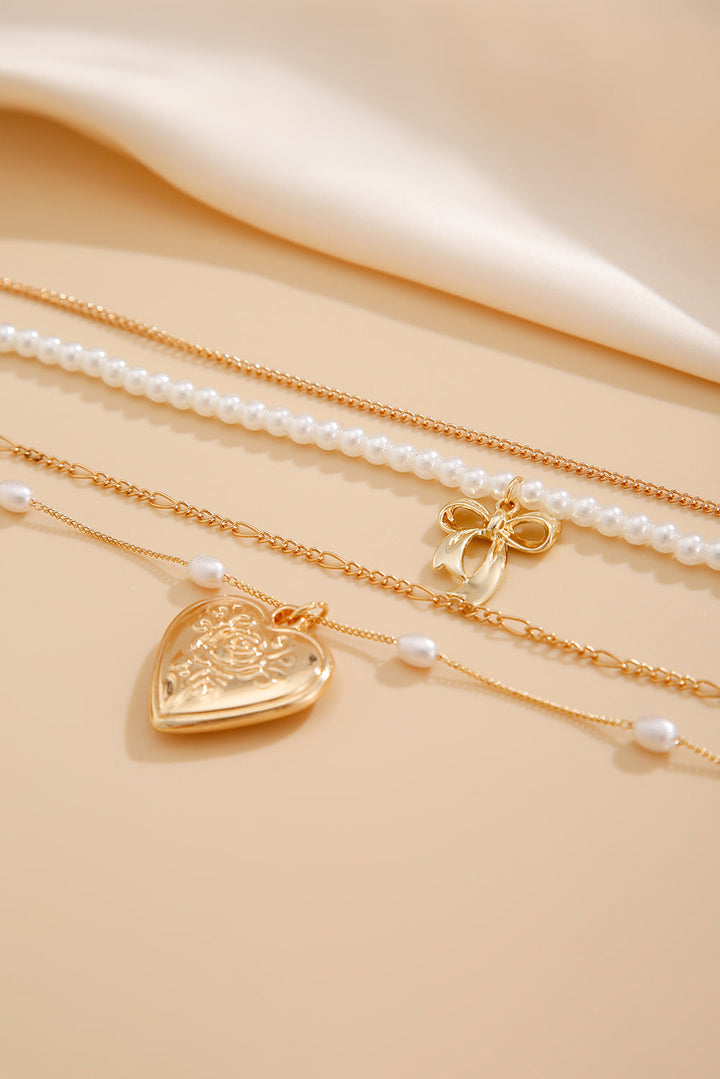 Plated Bow Heart Pendant Pearl Beading Multilayer Necklace