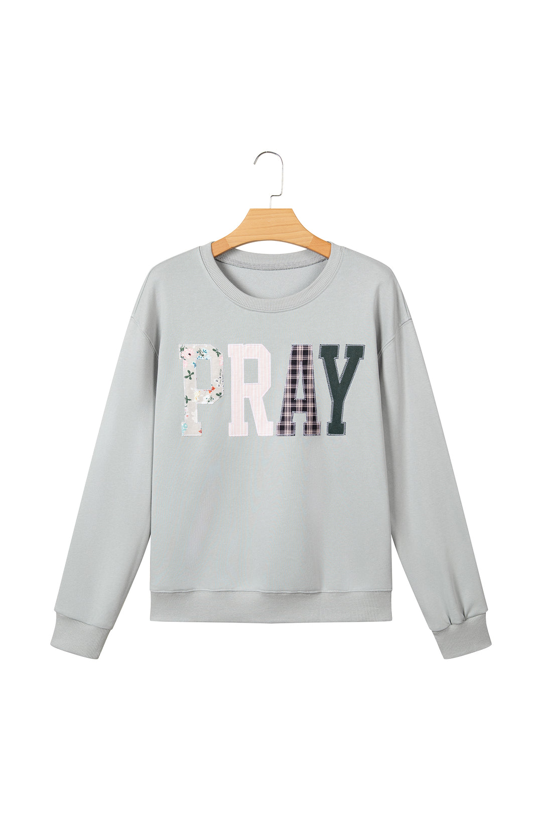 Gray Floral Buffalo Plaid Striped Embroidered Patch Western Pullover Sweatshirt