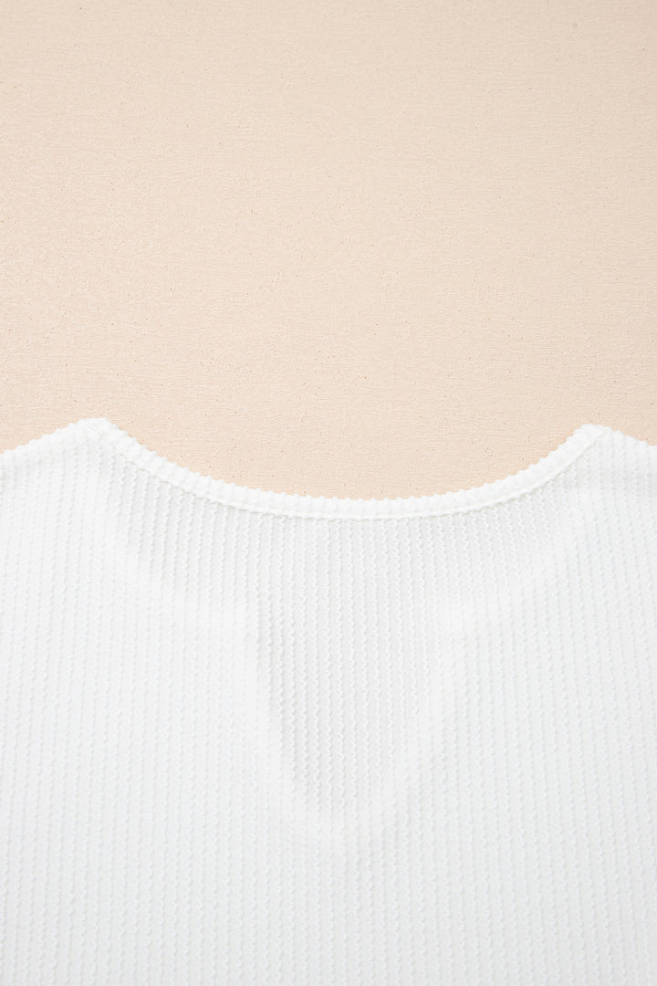 White Spiral Ribbed Raw Seam Color Block Patchwork Long Sleeve Top