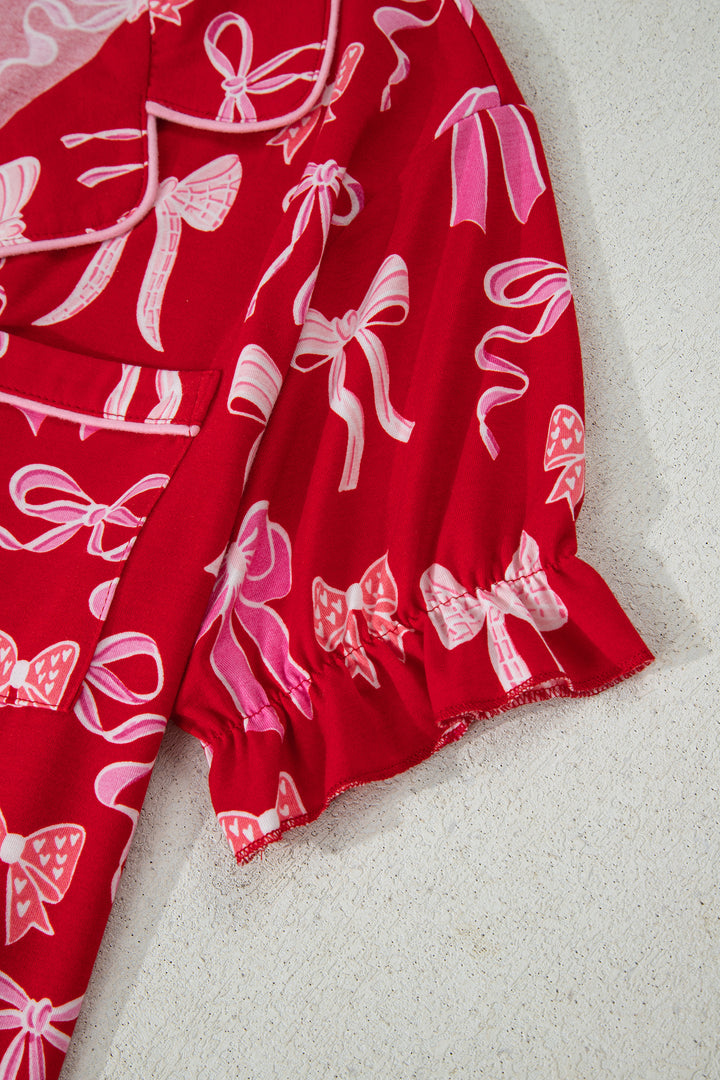 Red Sweet Bow Print Ruffled Short Sleeve Shirt Shorts 2pcs Pajama Set
