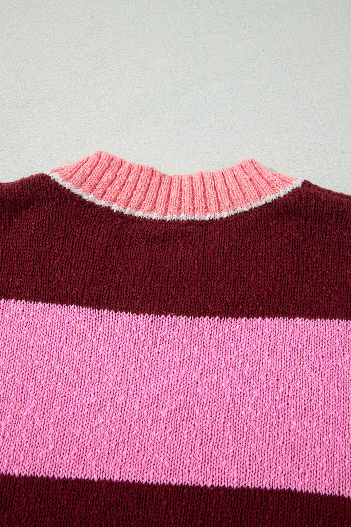 Pink Stripe Striped Drop Shoulder Long Sleeve Pullover Regular Fit Knit Sweater
