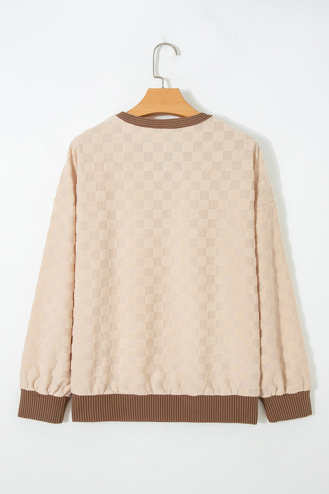 Parchment Plush Checkered Contrast Twisted Rib Long Sleeve Top