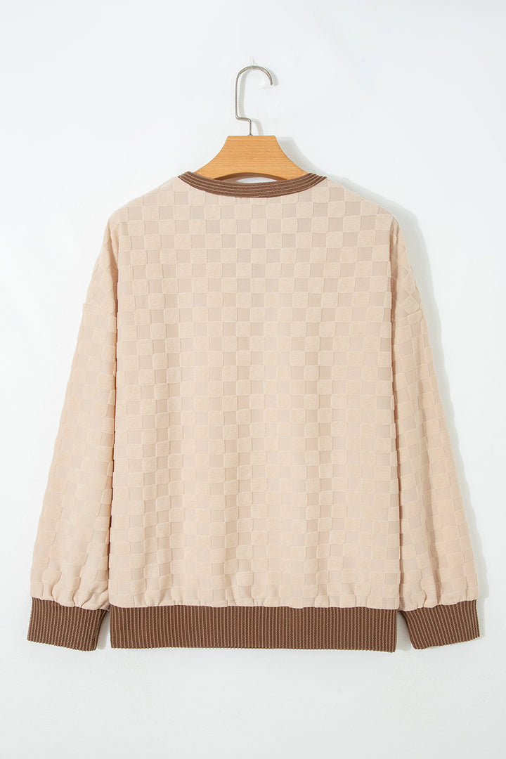 Parchment Plush Checkered Contrast Twisted Rib Long Sleeve Top