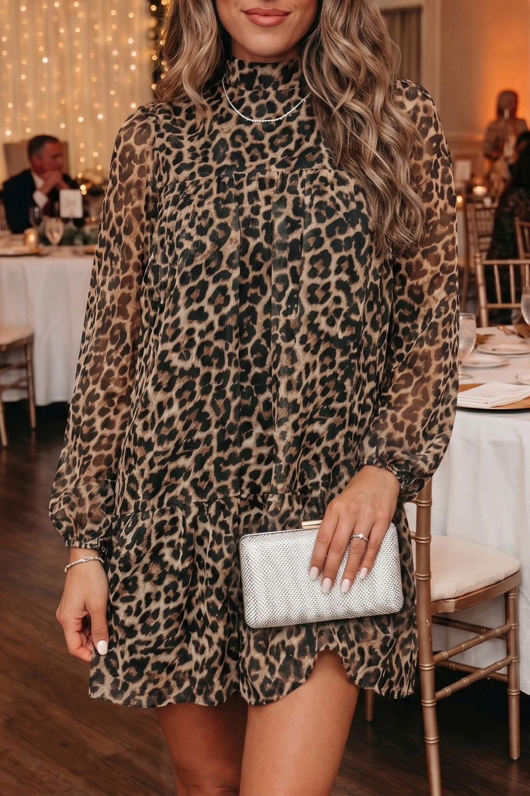 Brown Leopard Print Long Sleeve Short Shift Dress