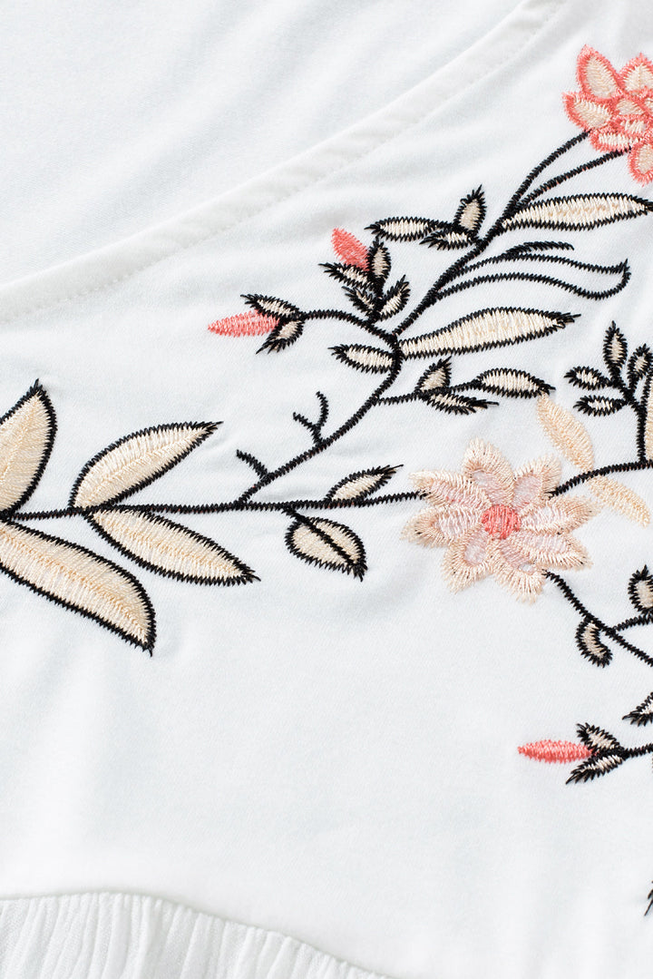 White Floral Embroidered V Neck Crinkle Babydoll Blouse