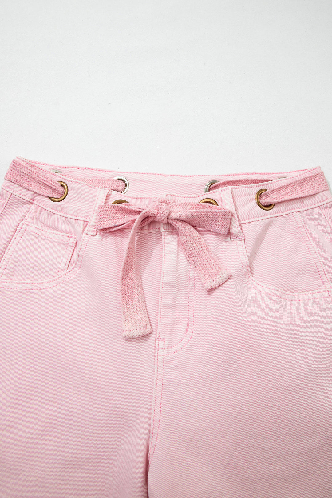 Light Pink Solid Color Grommet Detail Knot Waist Barrel Jeans