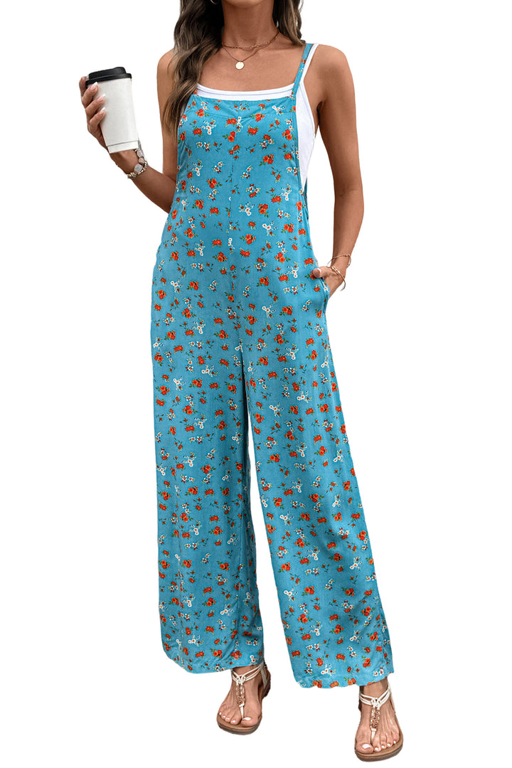 Green Floral Print Spaghetti Straps Loose Pocketed Jumpsuit