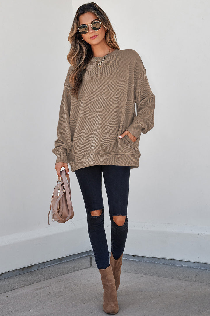 Parchment Solid Color Textured Round Neck Drop Shoulder Pullover Sweatshirt