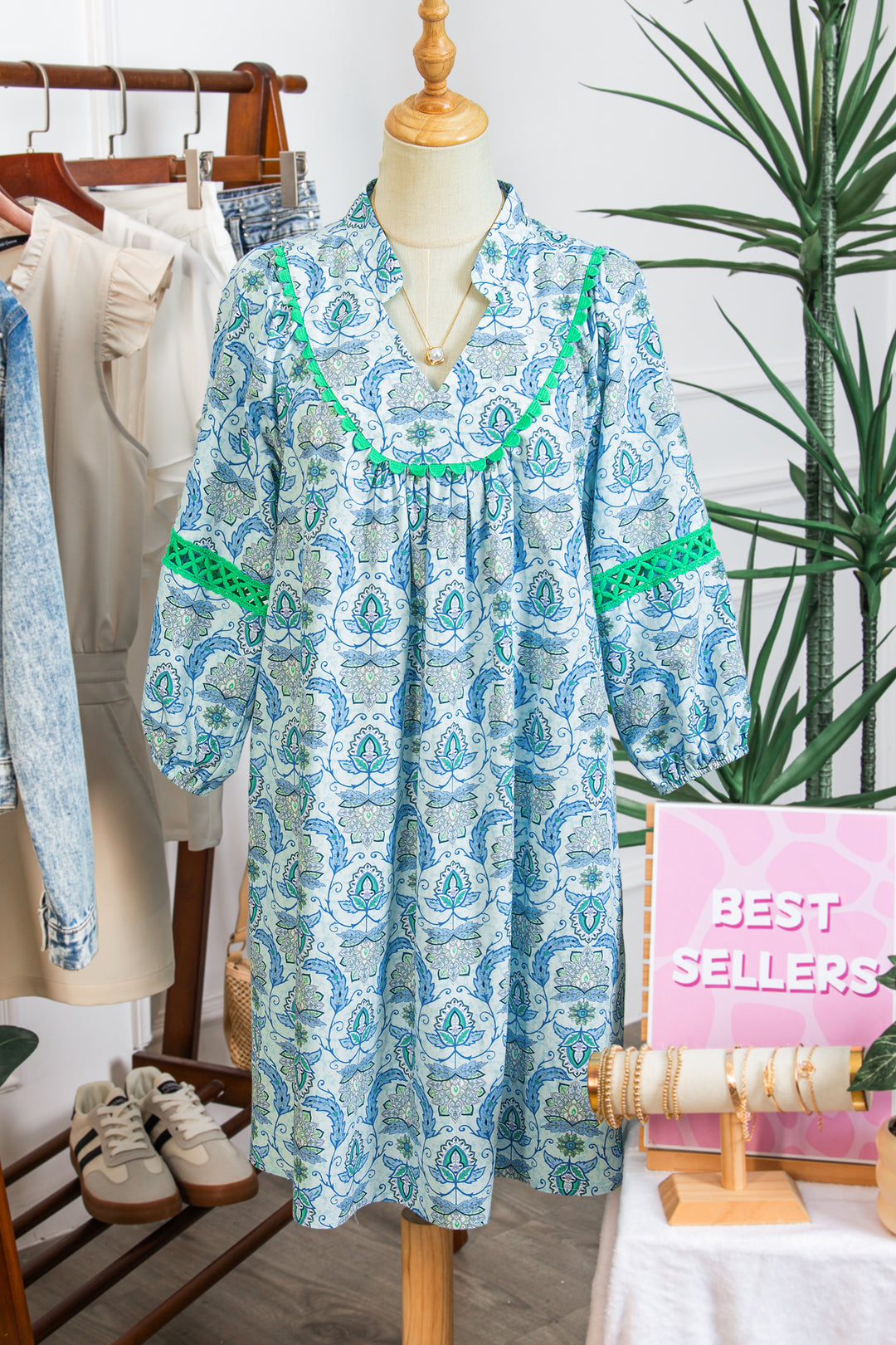 Sky Blue Boho Paisley Print Bracelet Sleeve Loose Mini Dress