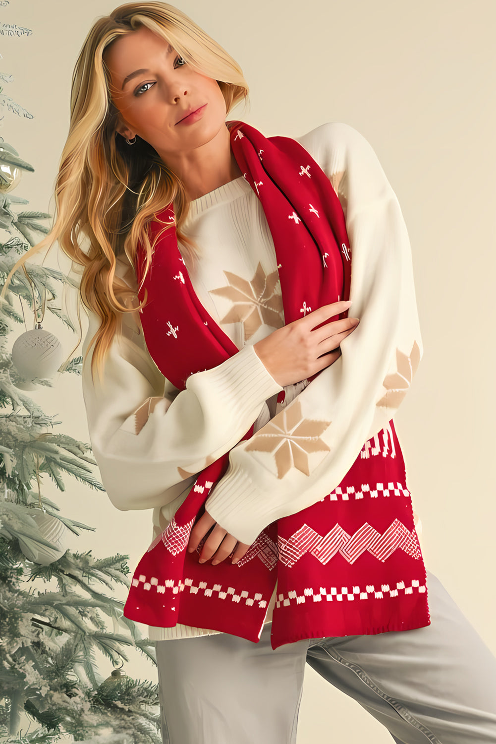 Elk Christmas Tree Print Knitted Scarf