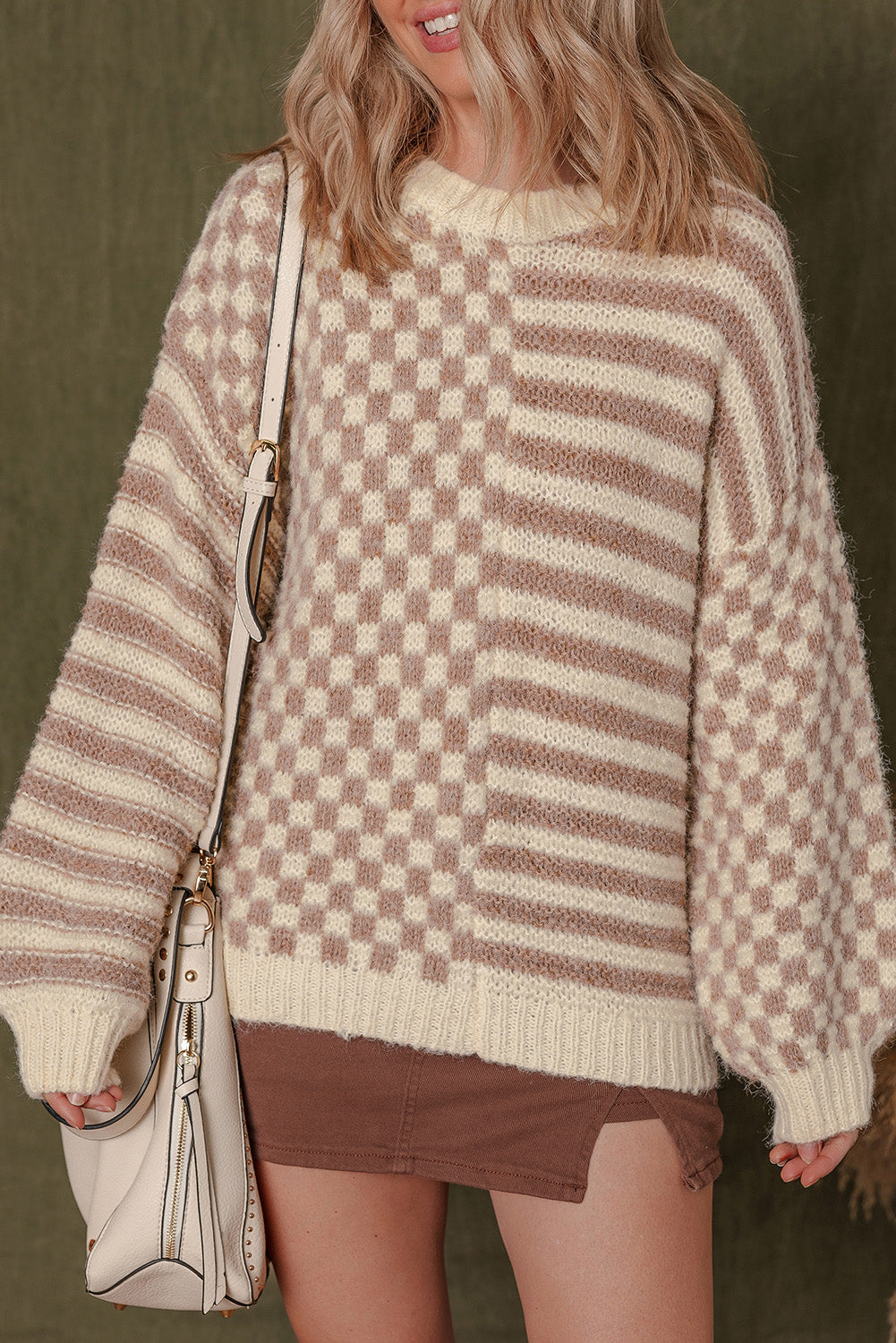 Checkerboard Drop Shoulder Balloon Sleeve Sweater
