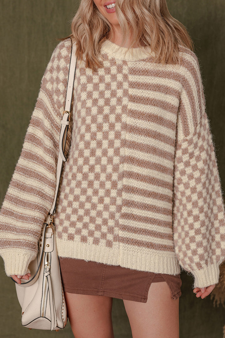 Checkerboard Drop Shoulder Balloon Sleeve Sweater