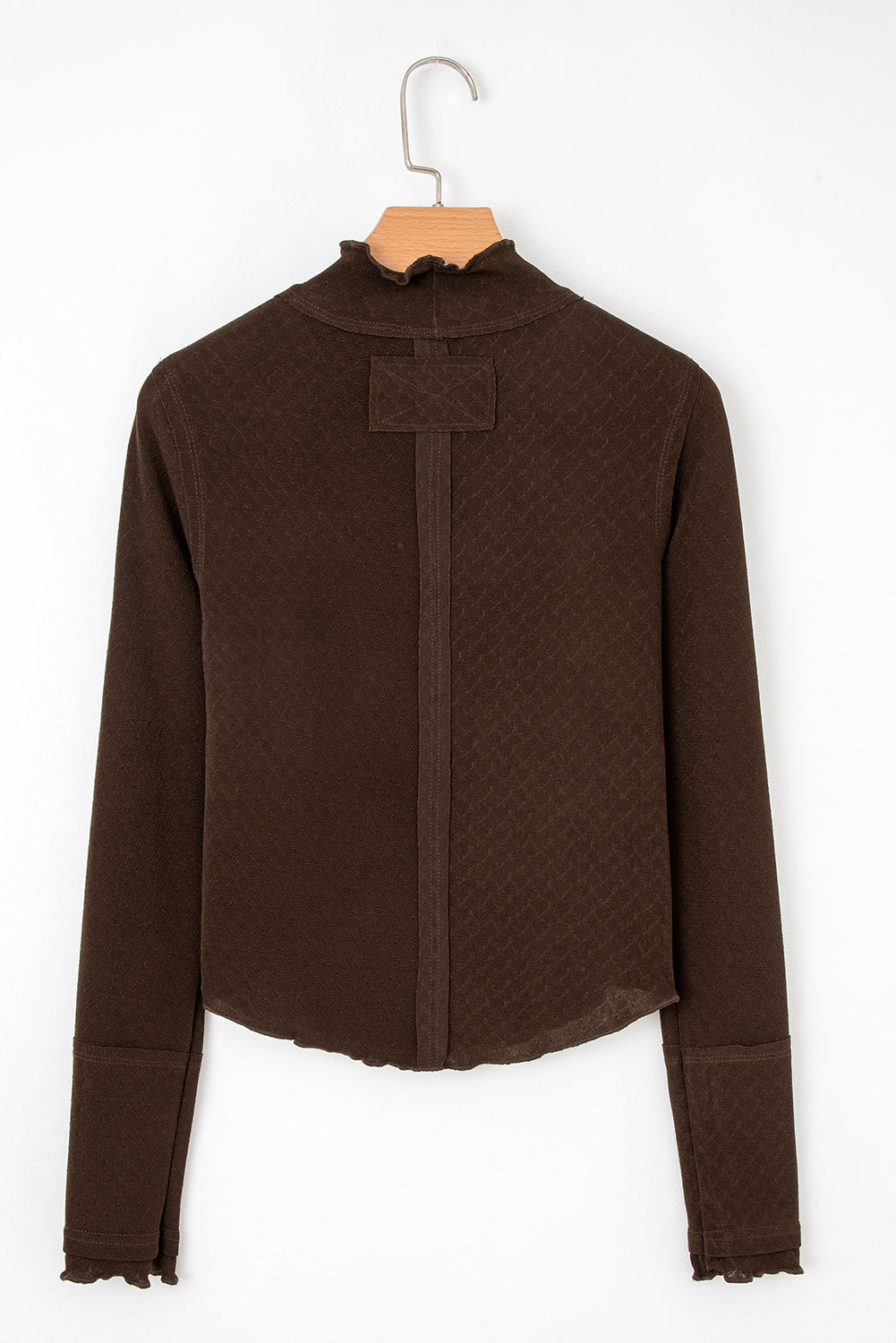Cinnamon Lettuce Trim Raw Seam Jacquard Long Sleeve Top