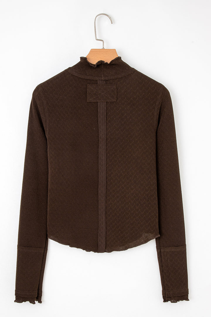 Cinnamon Lettuce Trim Raw Seam Jacquard Long Sleeve Top