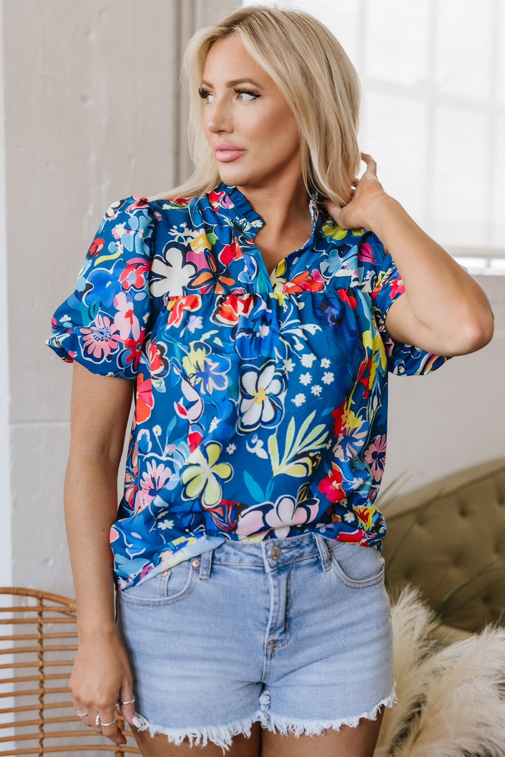 flower print collared v neck puff short sleeve loose blouse