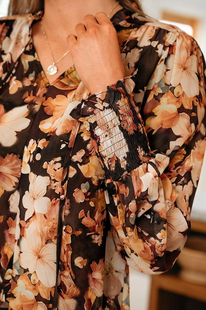 Floral V Neck Long Puff Sleeve Breezy Blouse