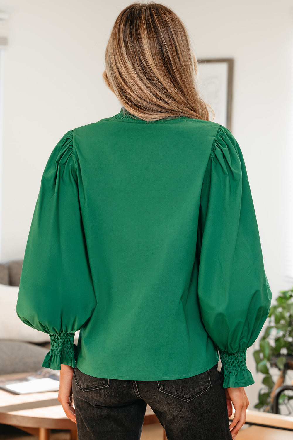 Puffy Flounce Sleeve Leopard Trim V Neck Blouse