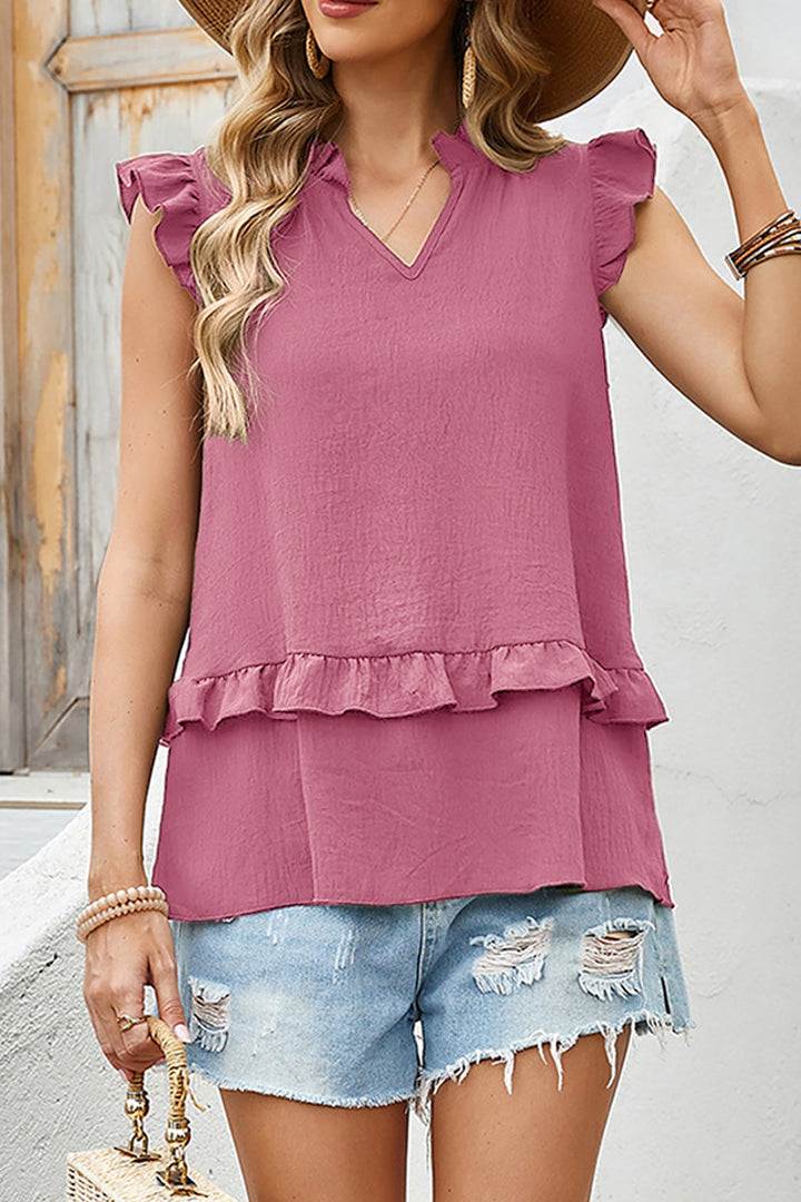 Desert Rose Notched V Neck Ruffle Detail Tank Top