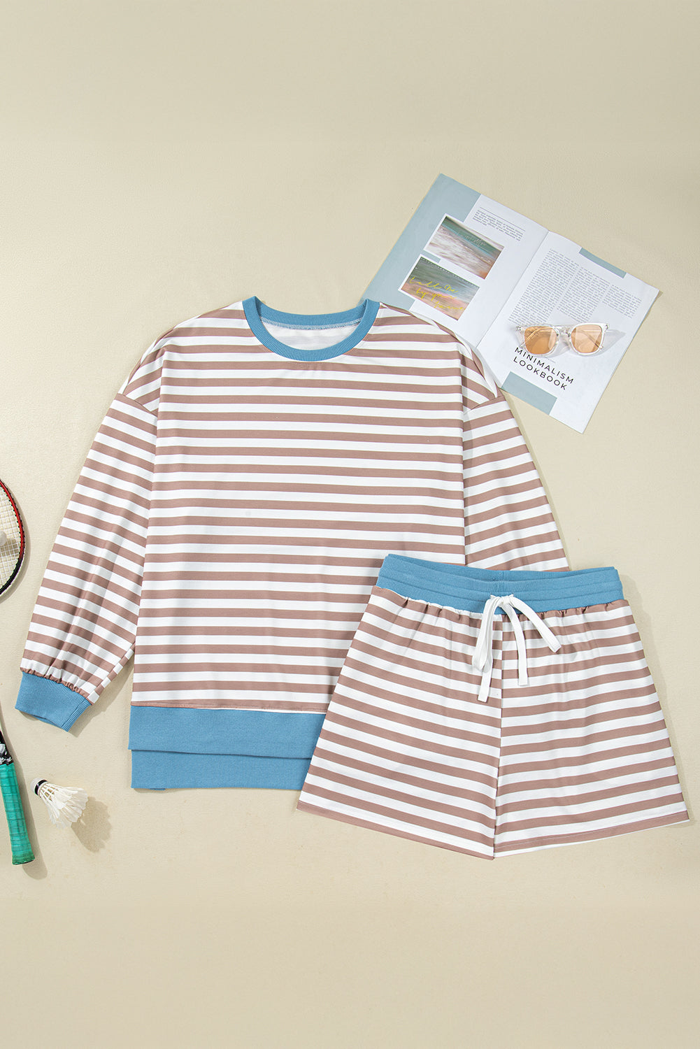 Khaki Stripe Contrast Edge Pullover and Shorts Plus Size Set